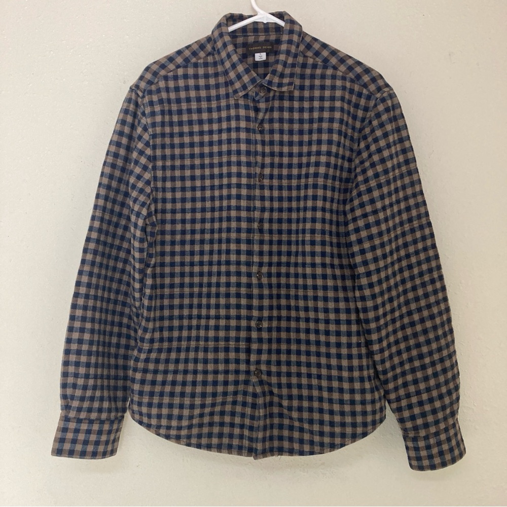 Thomas Dean Mens Padded Plaid Shirt Jacket Navy Front Button Closure